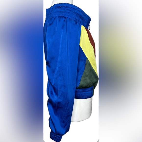 BCBG Color Blocked Satin Off Shoulder Bomber Jacket w/ Pockets Size Small - Picture 3 of 11